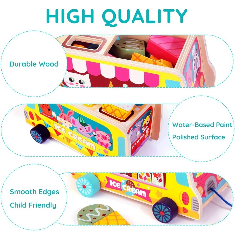 Colorful Wooden Ice Cream Truck Pull Toy with Magnetic Ice Cream blocks - Picture 4 of 12